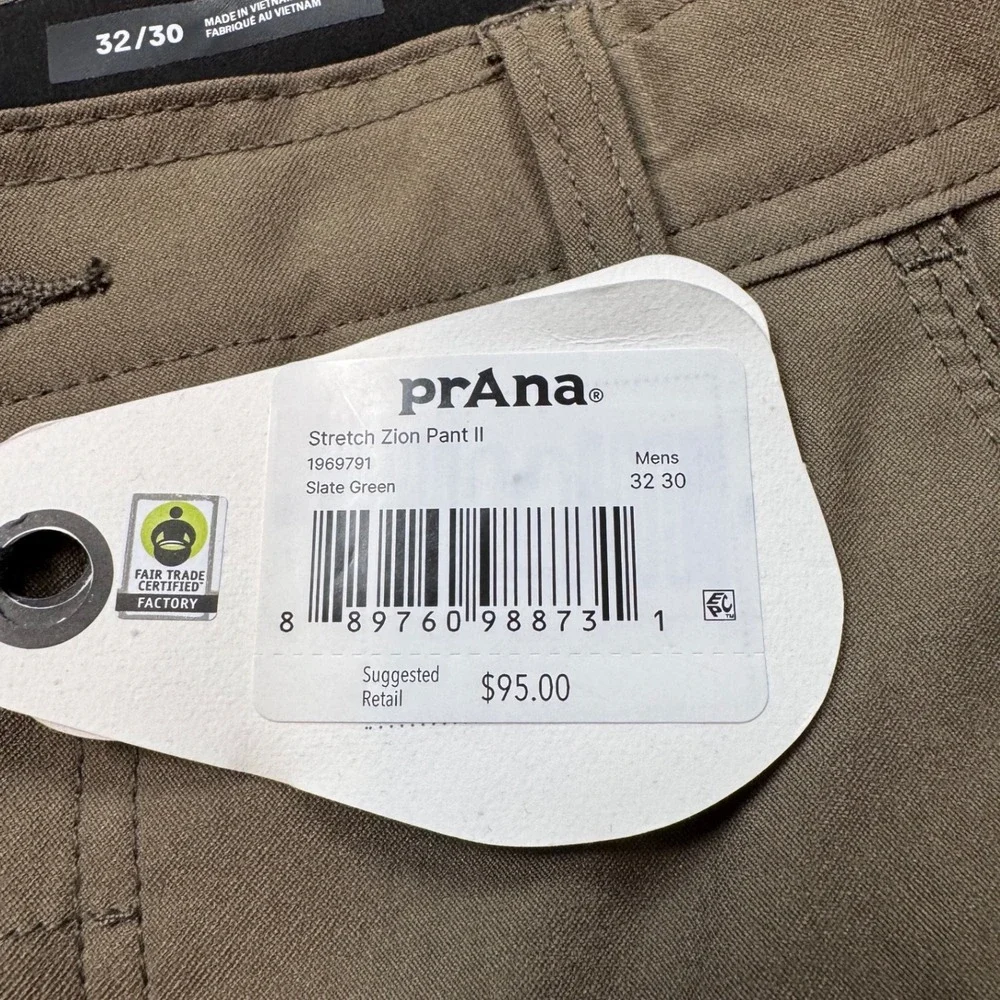 PrAna Zion II 32x30 Stretch Pant Relaxed Fit Straight Leg Slate Green Hiking New